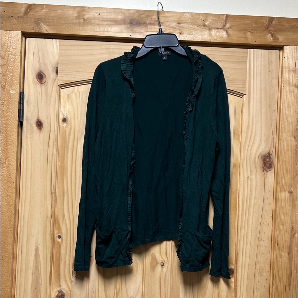 Talbots Deep Green Knit Sweater Ruffled Cardigan Petite Large
